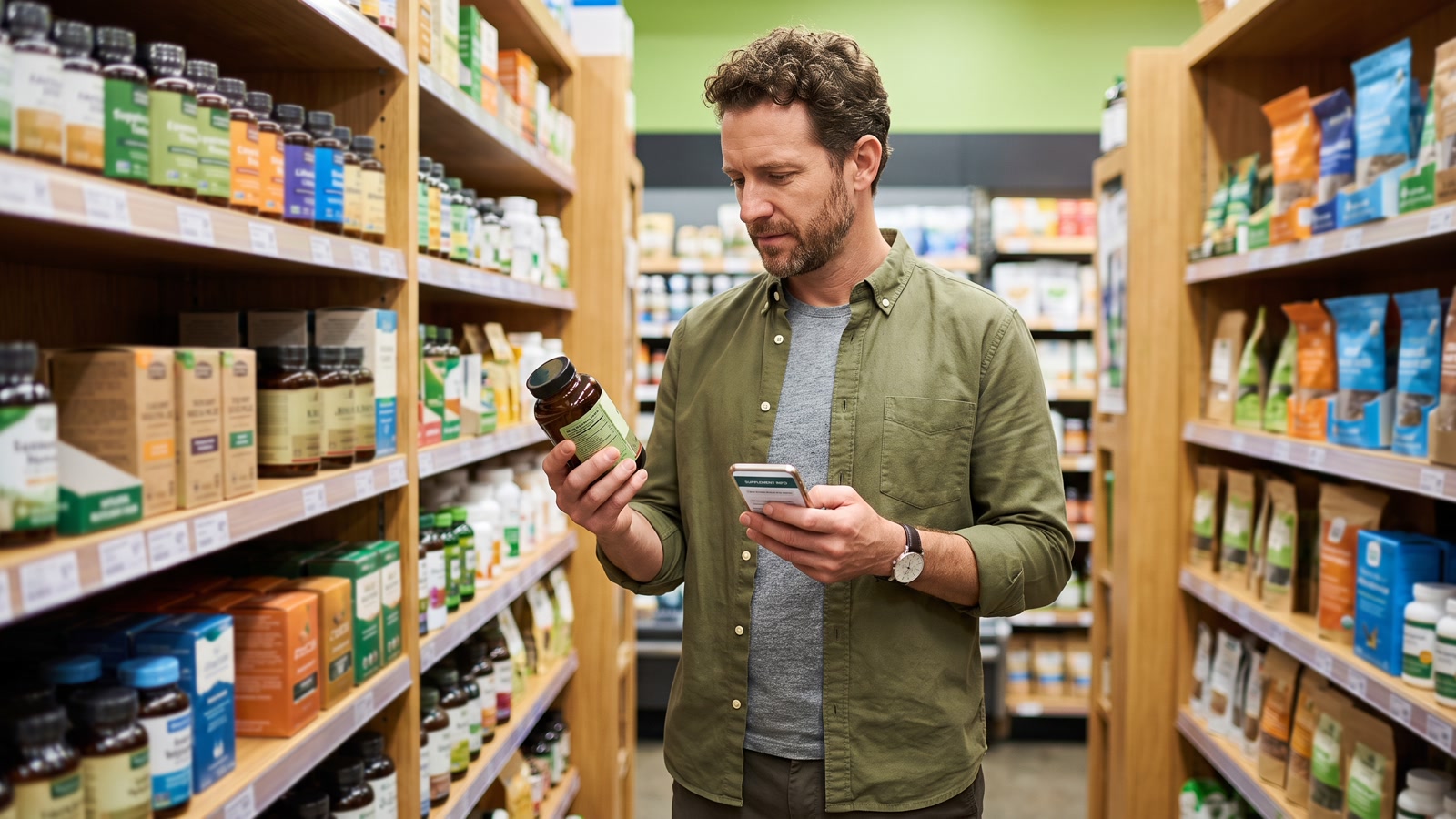 Supplement bottle label reviewed closely during a label-reading routine.
