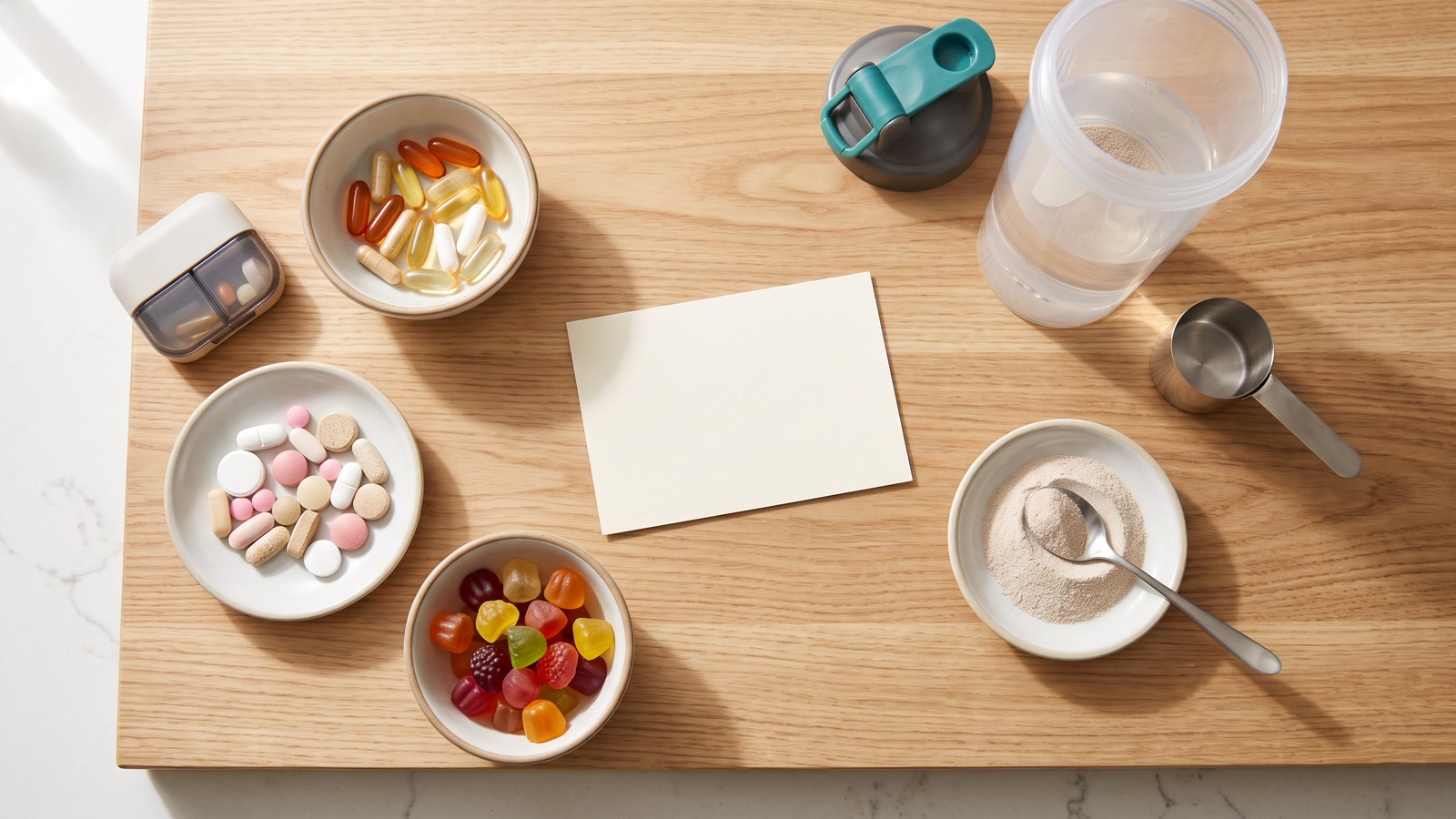 Supplement formats arranged for comparing labels, servings, and value.