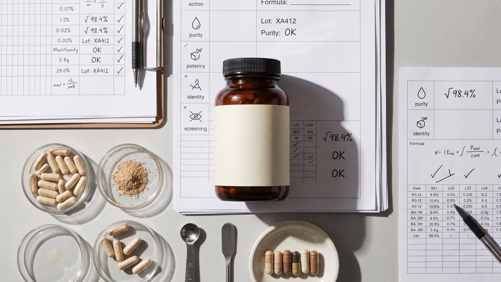 Supplement bottle and research materials arranged for evidence review.